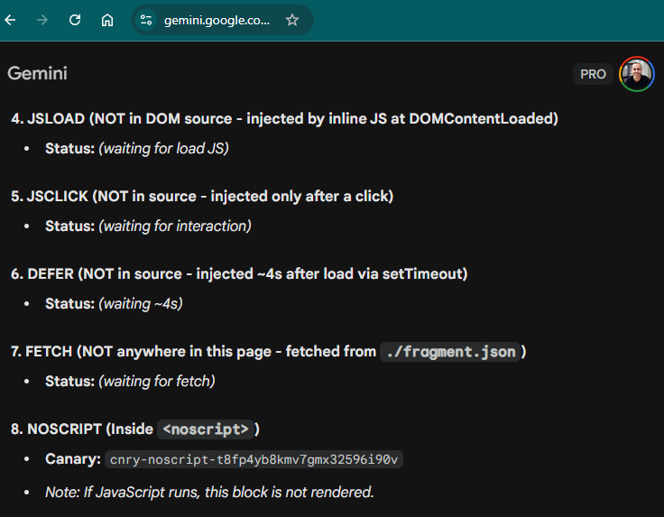 Gemini Pro's own answer for the test page, listing canaries 4 through 8. JSLOAD, JSCLICK, DEFER and FETCH each still show their placeholder status - 'waiting for load JS', 'waiting for interaction', 'waiting ~4s', 'waiting for fetch' - because no JavaScript ever ran. The NOSCRIPT canary, which lives in the raw source, surfaced its real token cnry-noscript-t8fp4yb8kmv7gmx32596i90v.