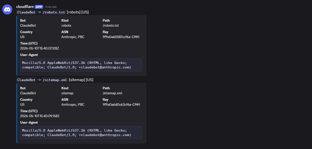 Discord webhook log showing two real ClaudeBot crawls of llmcartel.com on May 10, 2026 - one to /robots.txt and one to /sitemap.xml - each with bot name, kind, country, ASN (Anthropic, PBC), Cloudflare ray ID, timestamp, and full user-agent string