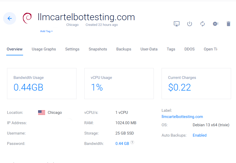 Hosting control panel for the llmcartelbottesting.com server: a single Debian 13 x64 (trixie) instance in Chicago with 1 vCPU, 1024 MB RAM and 25 GB SSD, created 22 hours earlier, showing 0.44 GB bandwidth used, 1% vCPU and 0.22 dollars in charges. The IP, username and password fields are blank.